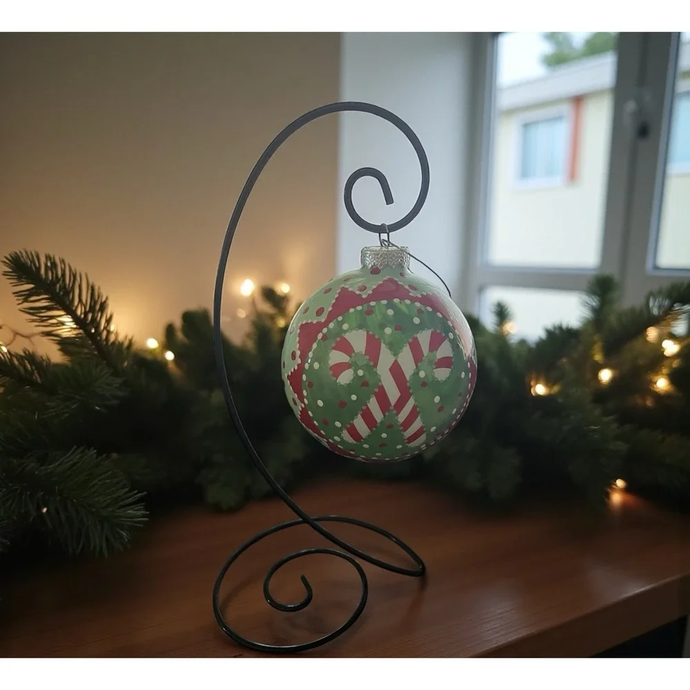 Dept‎ 56 Glass Ornament & Stand Candy Canes Polka Dots Christmas Red White Green